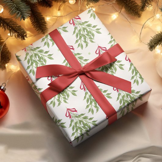 白い実のついた楽しいクリスマスのキスミス ラッピングペーパー