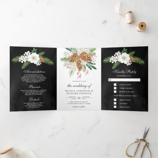 白い実 松ぼっくり 黒いクリスマス ウェディング 三つ折り招待状 (内部)