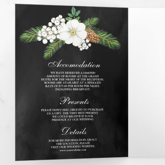 白い実 松ぼっくり 黒いクリスマス ウェディング 三つ折り招待状 (内部最初)