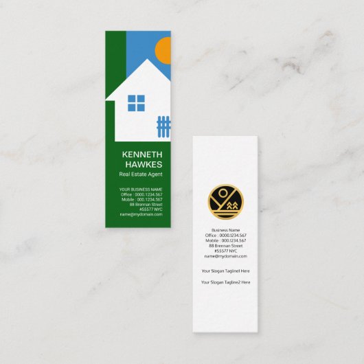 白い家の朝日の棒杭の囲いの不動産仲介業者 スキニー名刺 (正面/裏面)