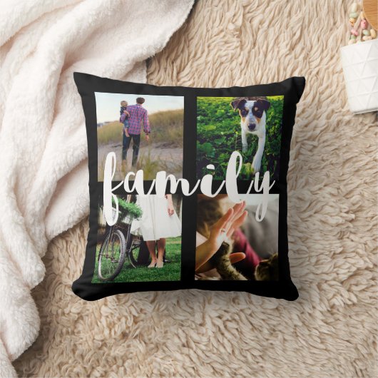 白い家族のタイポグラフィの黒の写真の格子 クッション (ブランケット)