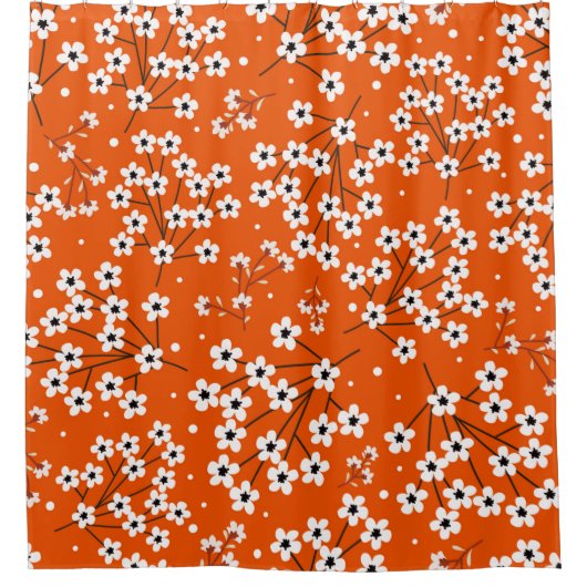 白い小さな花で縫い目のない模様 シャワーカーテン (正面)