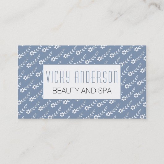 白い小さな花ほこりっぽい青い花柄 名刺 (正面)