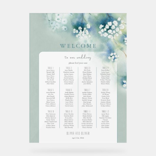 白い小さな花結婚のウェルカムシーティングチャート アクリルサイン (正面)