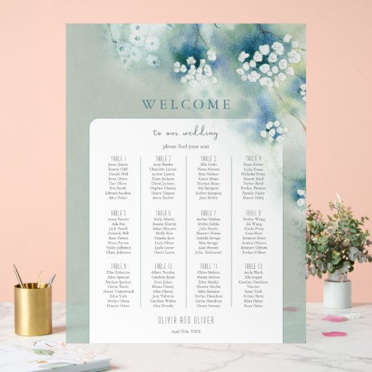 白い小さな花結婚のウェルカムシーティングチャート アクリルサイン (ウェディング)