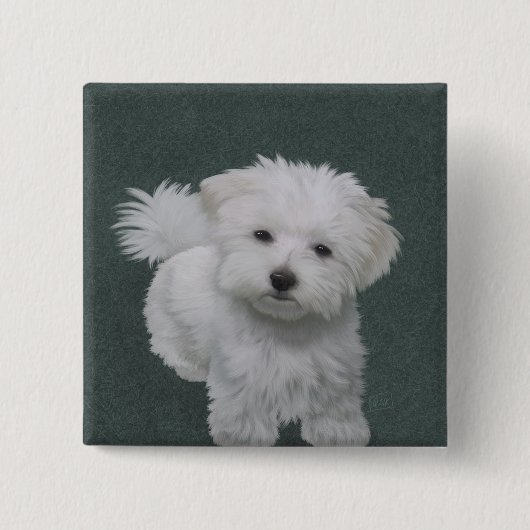 白い小型犬のペット肖像画 缶バッジ (正面)
