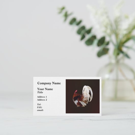 白い尾の羽を持つ赤いオンドリ 名刺 (スタンド正面)