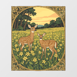 白い尾の雌鹿と黄色い花を持つ子鹿 ウィンドウサイン