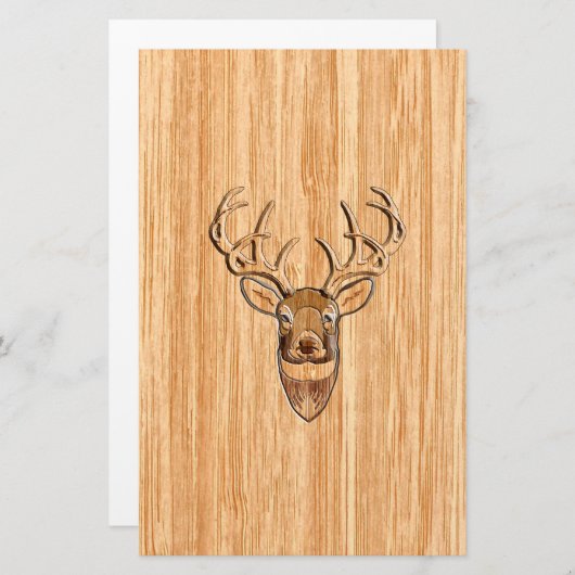 白い尾の鹿の頭木目の背景 便箋 (正面/裏面)