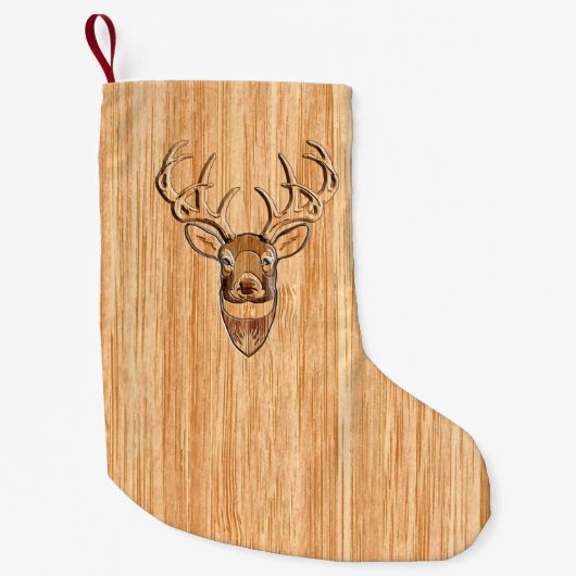 白い尾シカの木びき台の木製の穀物のスタイルのデザイン スモールクリスマスストッキング (正面)