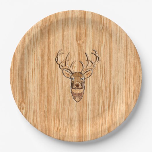 白い尾シカの頭部の木びき台の木製の穀物のスタイルの装飾 ペーパープレート (正面)