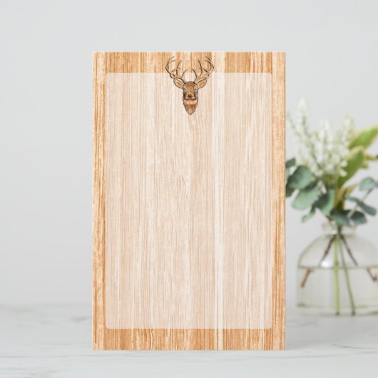 白い尾シカの頭部の木製の象眼細工の穀物のスタイルの装飾 便箋 (スタンド正面)