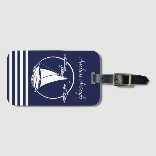 白い帆航海の船のシルエット/いかり ラゲッジタグ (正面横)