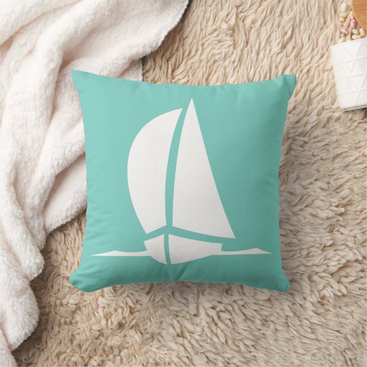 白い帆船の上のティール（緑がかった色）青い枕 クッション (ブランケット)