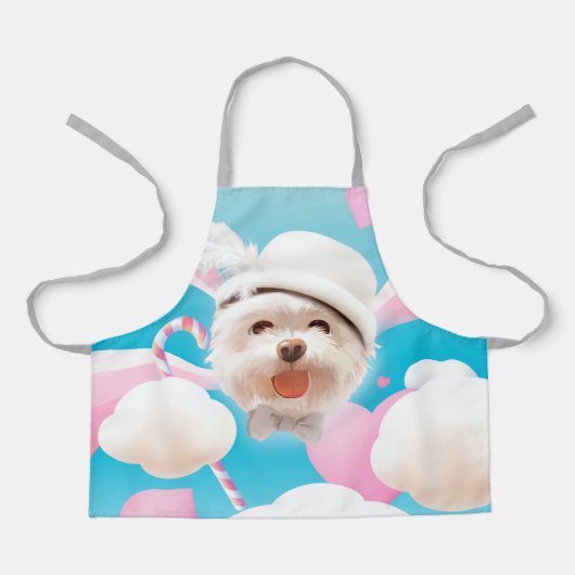 白い帽子をかぶったふわふわの犬 エプロン (正面)