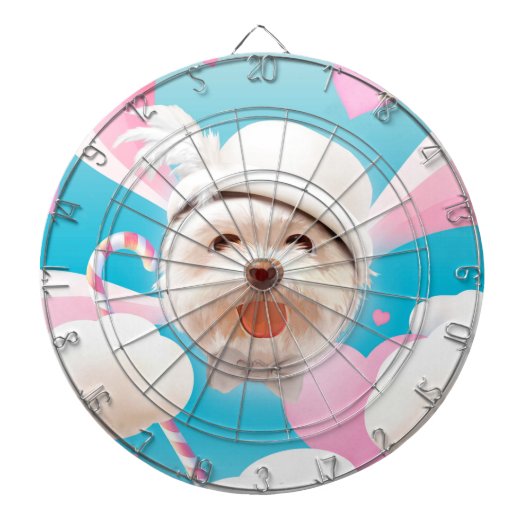 白い帽子をかぶったふわふわの犬 ダーツボード (正面)