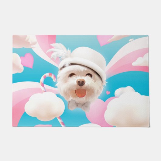 白い帽子をかぶったふわふわの犬 ドアマット (正面)