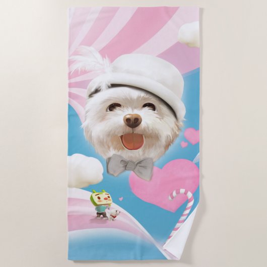 白い帽子をかぶったふわふわの犬 ビーチタオル (正面)