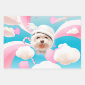 白い帽子をかぶったふわふわの犬 ラッピングペーパーシート (正面2)