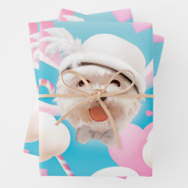 白い帽子をかぶったふわふわの犬 ラッピングペーパーシート