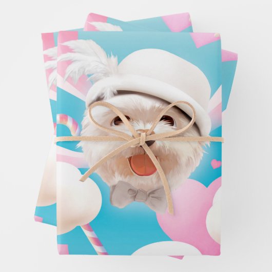 白い帽子をかぶったふわふわの犬 ラッピングペーパーシート (インサイチュ)