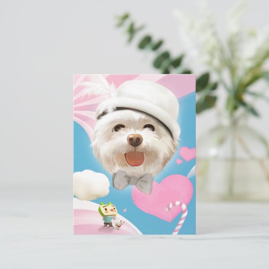 白い帽子をかぶったふわふわの犬 案内ポストカード (スタンド正面)