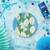 白い平和のユリのイラスト　淡い青 ペーパープレート (パーティー)