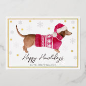 白い幸せなホリデー 水彩のダックスフンド犬 箔シーズンカード (正面)