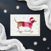 白い幸せなホリデー 水彩のダックスフンド犬 箔シーズンカード