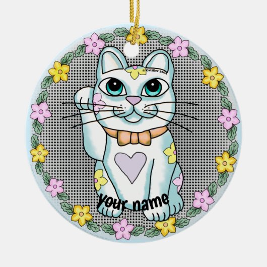 白い幸運の猫のオーナメント セラミックオーナメント (正面)