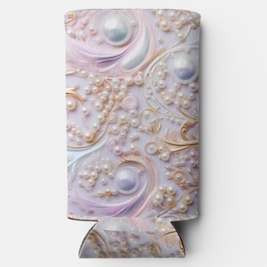 白い幻惑真珠と金ゴールドの背景 スリム缶クーラー (裏面)