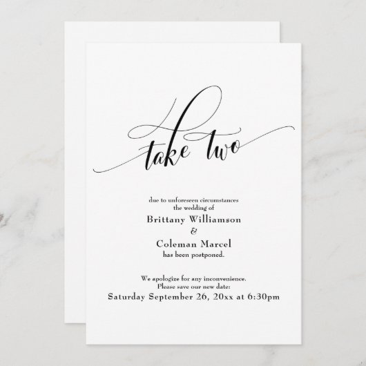 白い延期エレガントカード結婚を2枚持つ 招待状 (正面/裏面)