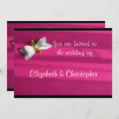 白い弓のピンクの背結婚景 招待状 (正面/裏面)