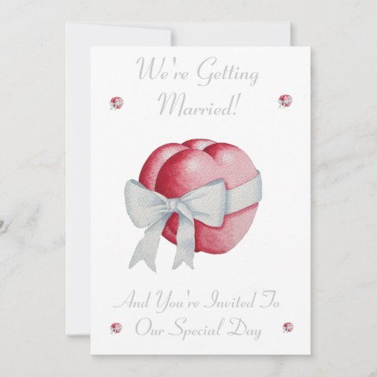 白い弓の結婚式の招待と赤い愛の赤いハート 招待状 (正面)