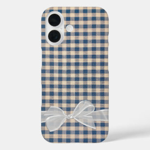 白い弓を持つデニムギンガム iPhone 16ケース