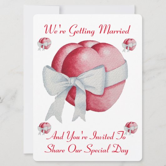 白い弓を持つ二つの赤いハート結婚。 招待状 (正面)