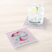 白い弓元の芸術のデザインの赤いハート ガラスコースター (アングル)