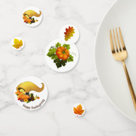 白い感謝祭のテーブルに落ち葉のコンフェッティ コンフェッティ