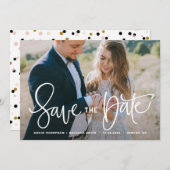 白い手かわいらしのレタリング写真の日付を保存 セーブザデート (正面/裏面)