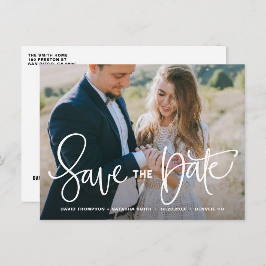 白い手かわいらしのレタリング写真の日付を保存 案内ポストカード (正面/裏面)