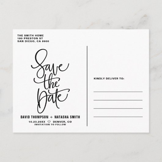 白い手かわいらしのレタリング写真の日付を保存 案内ポストカード (裏面)