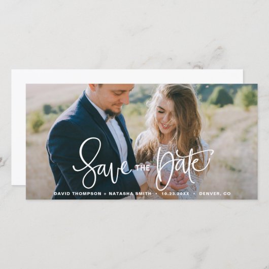 白い手かわいらしのレタリング日付の写真を保存 セーブザデート (正面/裏面)