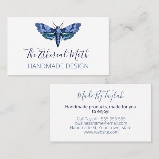 白い手作りの青い蛾 名刺 (正面/裏面)