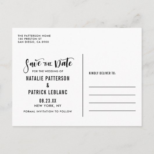 白い手書きスクリプト写真の日付を保存 案内ポストカード (裏面)