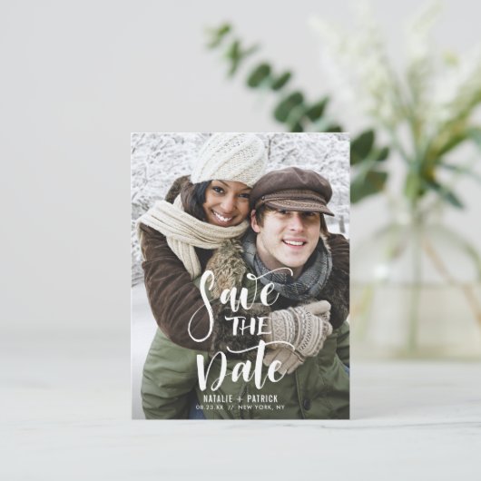 白い手書きスクリプト写真の日付を保存 案内ポストカード (スタンド正面)