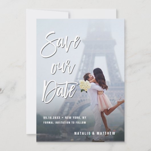 白い手書き救スクリプト日付フォトカード セーブザデート (正面)