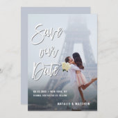 白い手書き救スクリプト日付フォトカード セーブザデート (正面/裏面)