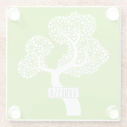 白い抽象芸術の円の木と名前、ライムグリーン ガラスコースター (裏面)