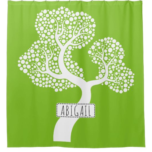 白い抽象芸術の円の木と名前、ライムグリーン シャワーカーテン (正面)