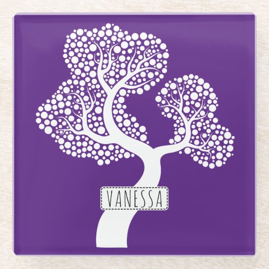 白い抽象芸術の円の木と名前、紫王室の色 ガラスコースター (正面)
